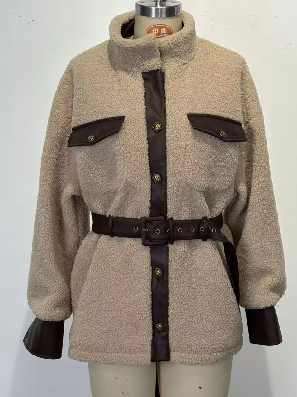 Leather Trim Sherpa Outerwear with Pockets