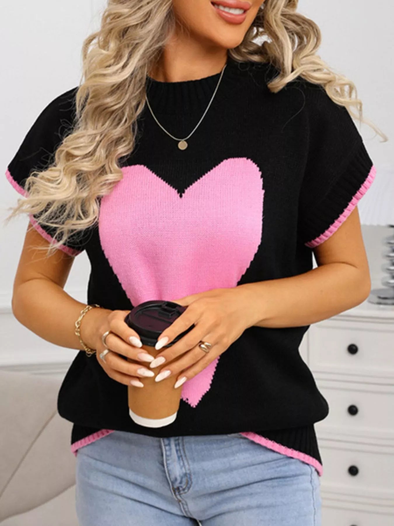 Valentine's Day Heart Graphic Short Sleeve Sweater