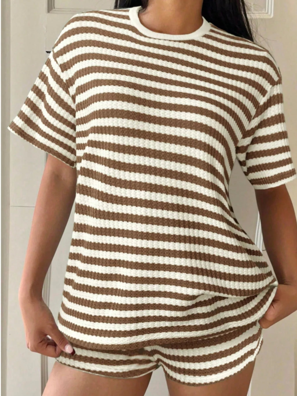 Striped Round Neck Top and Shorts Set