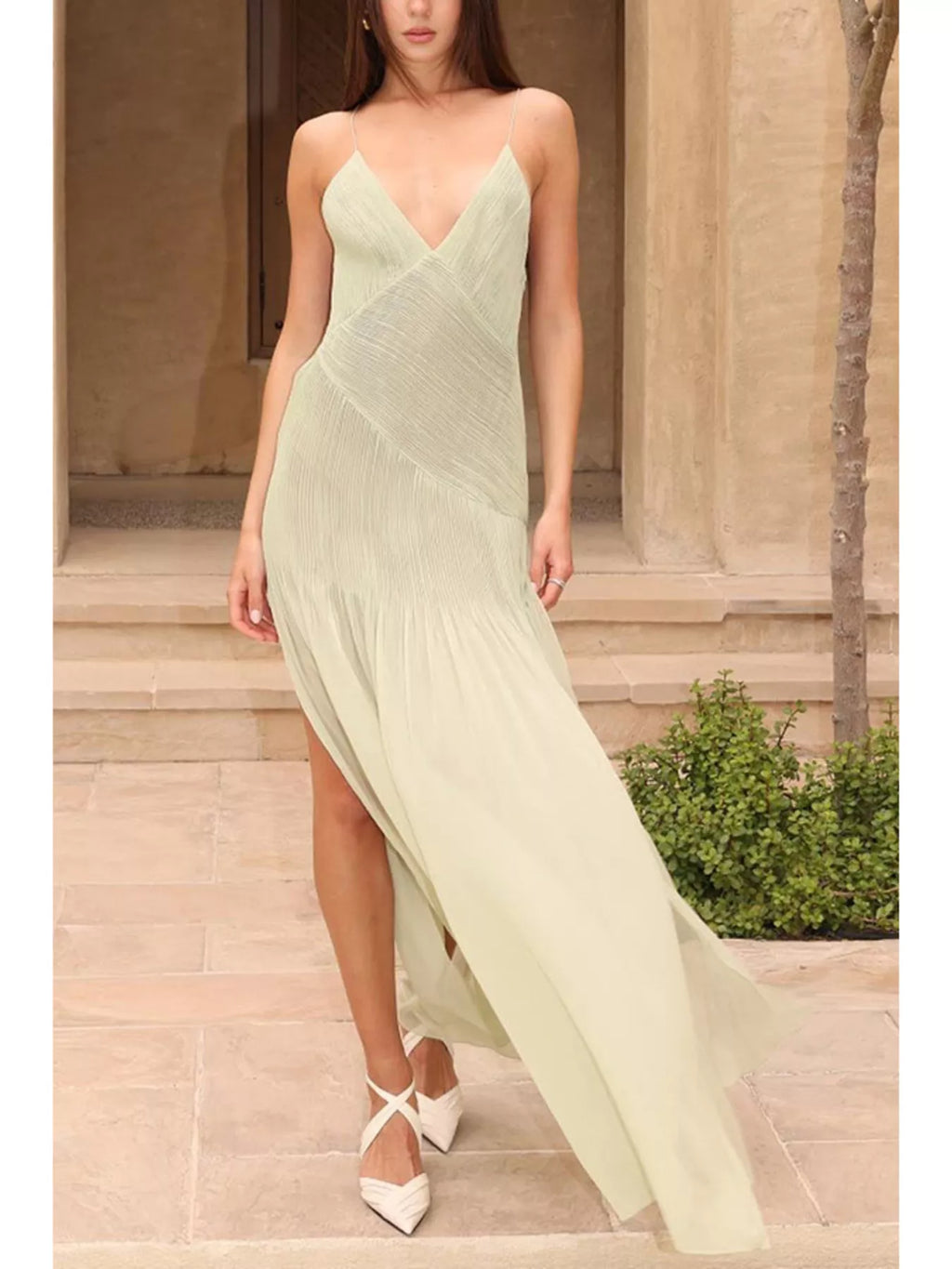 Elegant Pleated Sheer Maxi Cami Dress