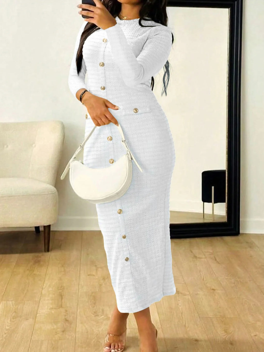 Textured Long Sleeve Midi Dress