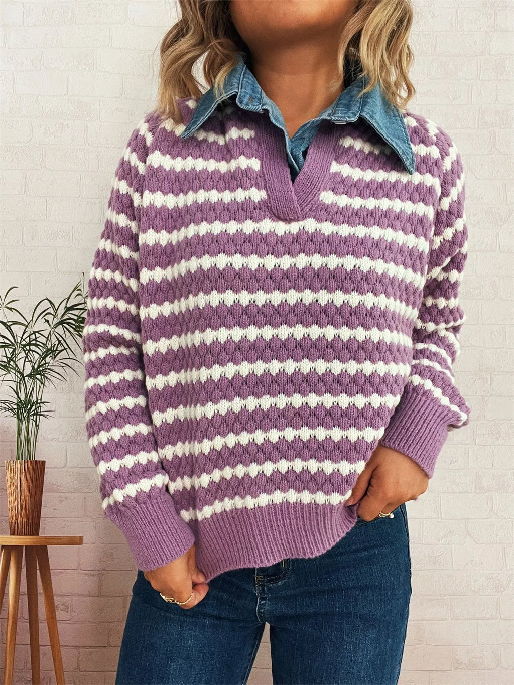 Contrast Striped Sweater with Denim Collar