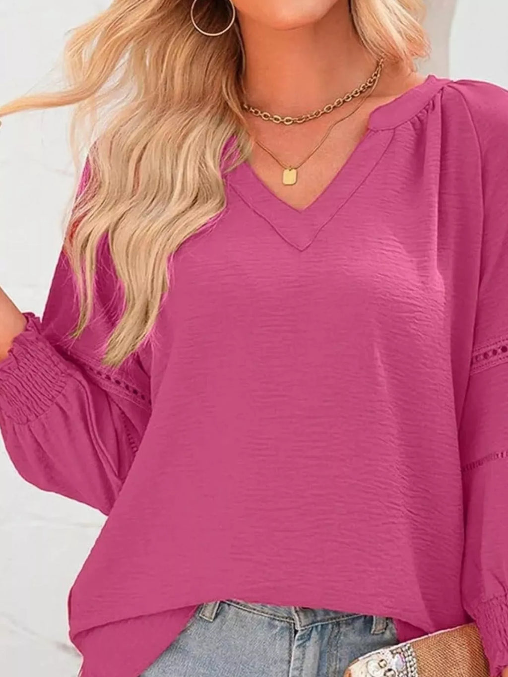 Solid Color Smocked Long Sleeve Blouse