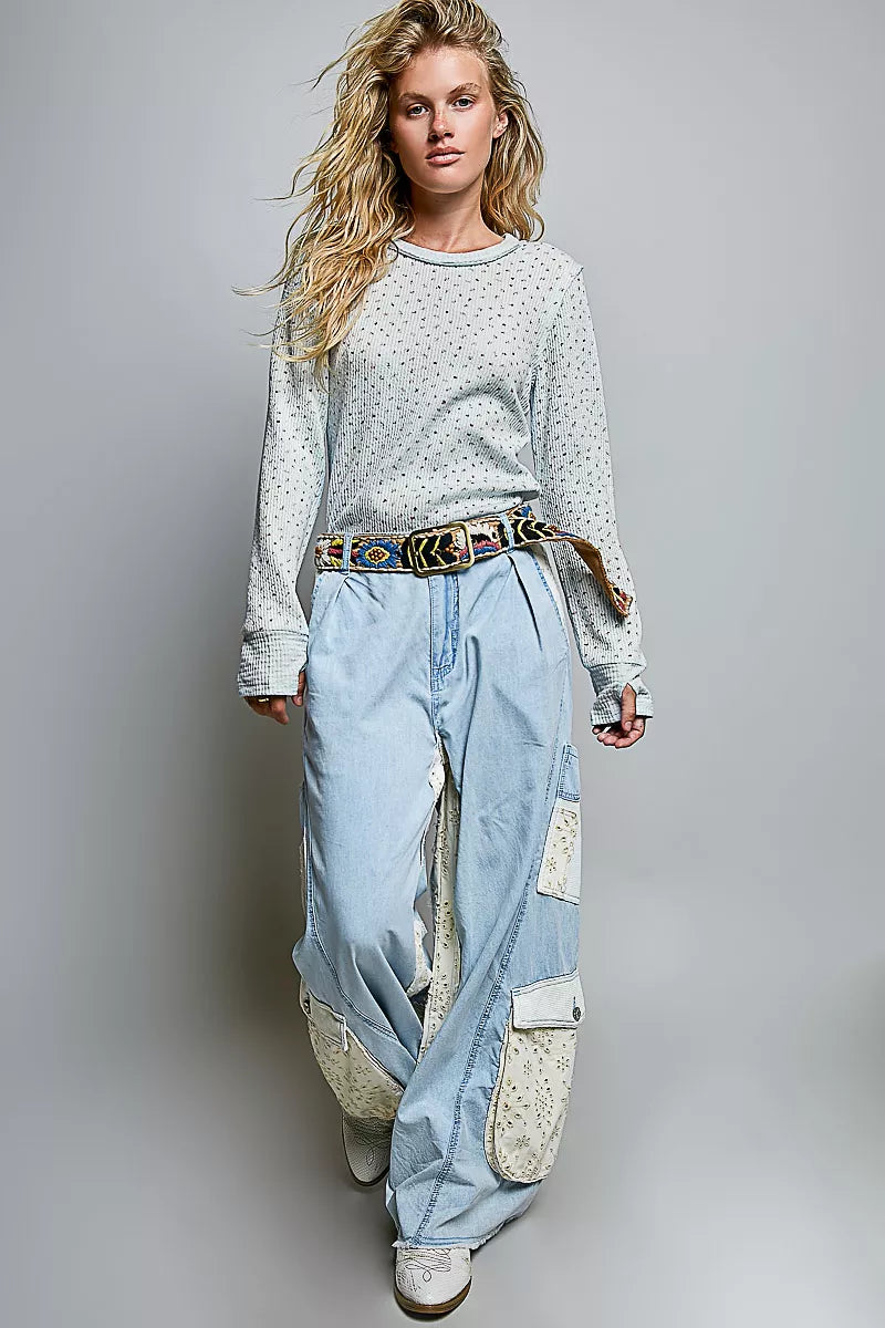 POL Ribbed Knit Floral Crew Neck Long Sleeve Top