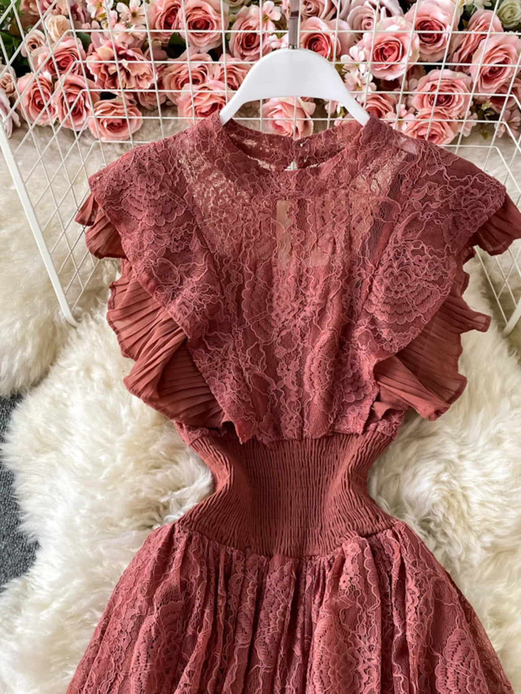 Ruffled Mock Neck Lace Maxi Dress