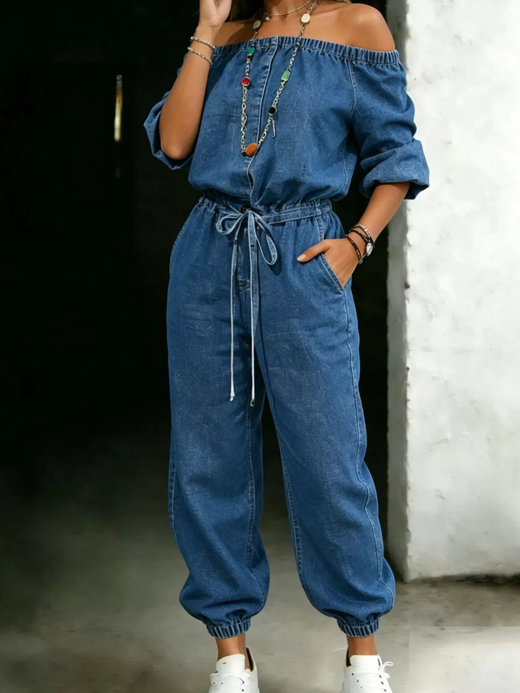 Off Shoulder Jumpsuit with Pockets