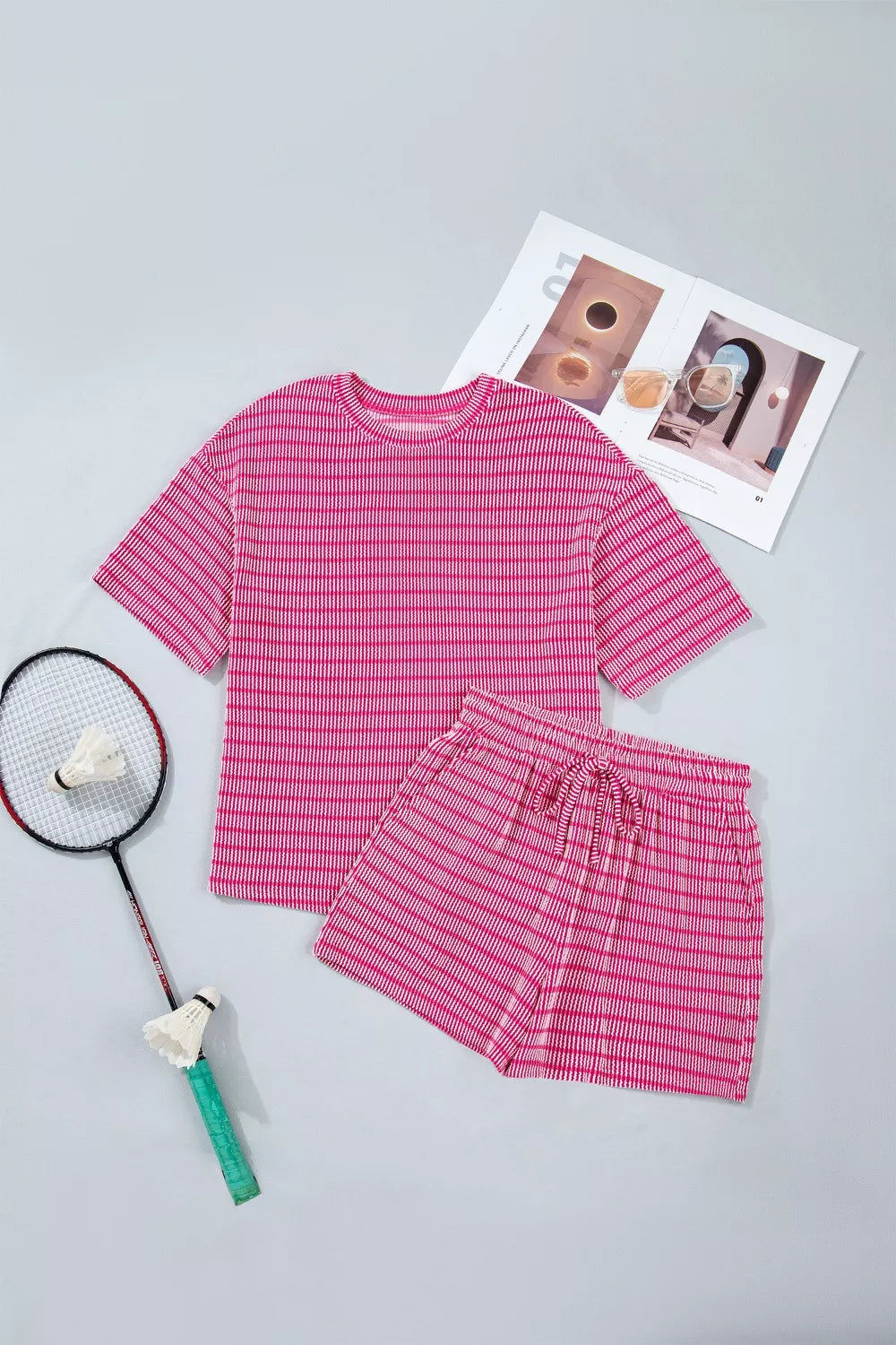 Stripe Raised Rib Loose Tee Drawstring Elastic Waist 2pcs Short Set