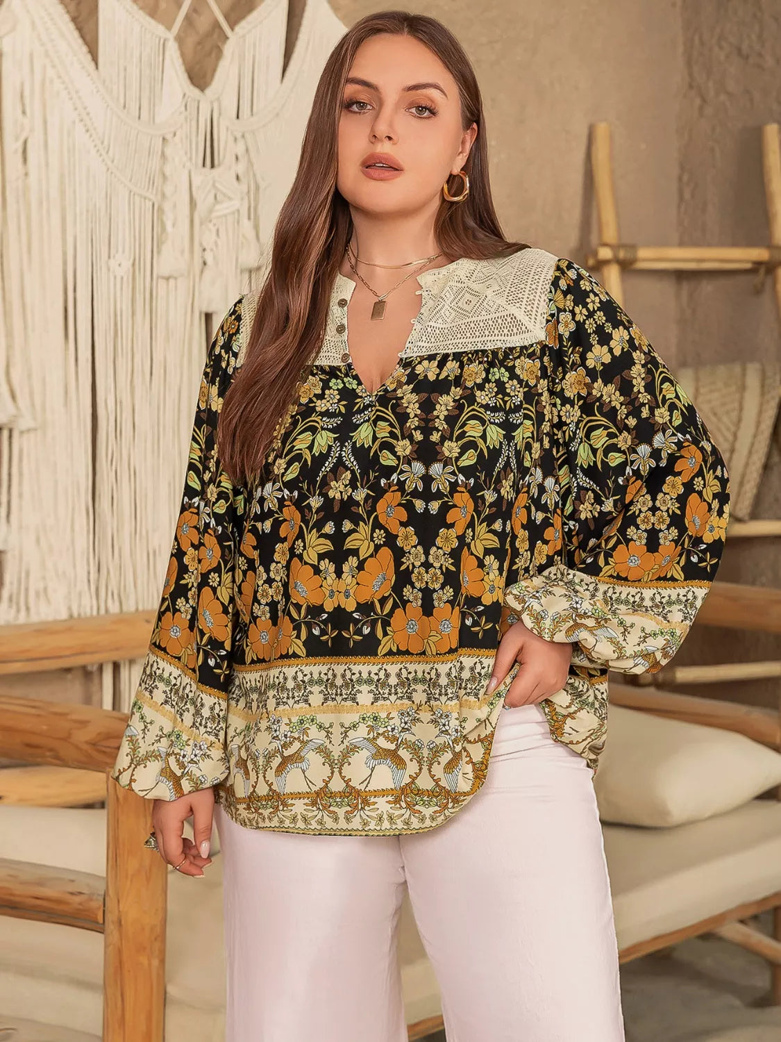 Plus Size Floral Print Notched Blouse