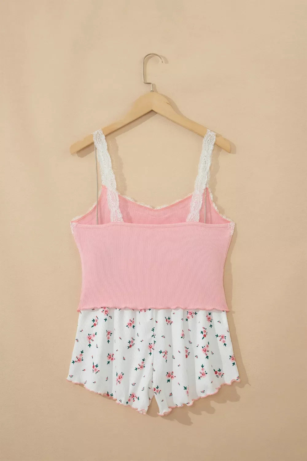 Ribbed Knit Lace Straps Patchwork Lettuce Hem Cropped Top Floral Short Lounge Set