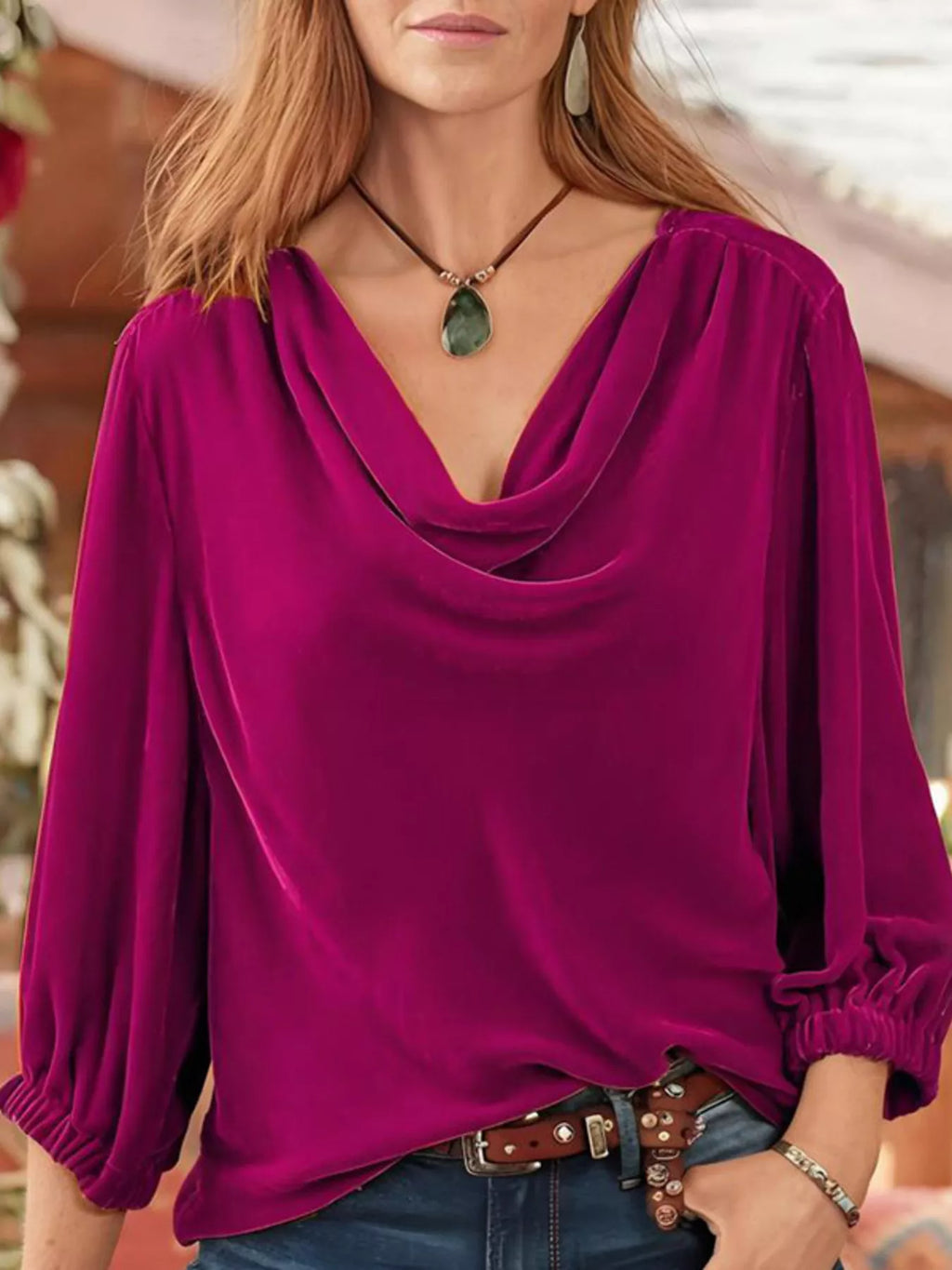 Cowl Neck Long Sleeve Velvet Blouse
