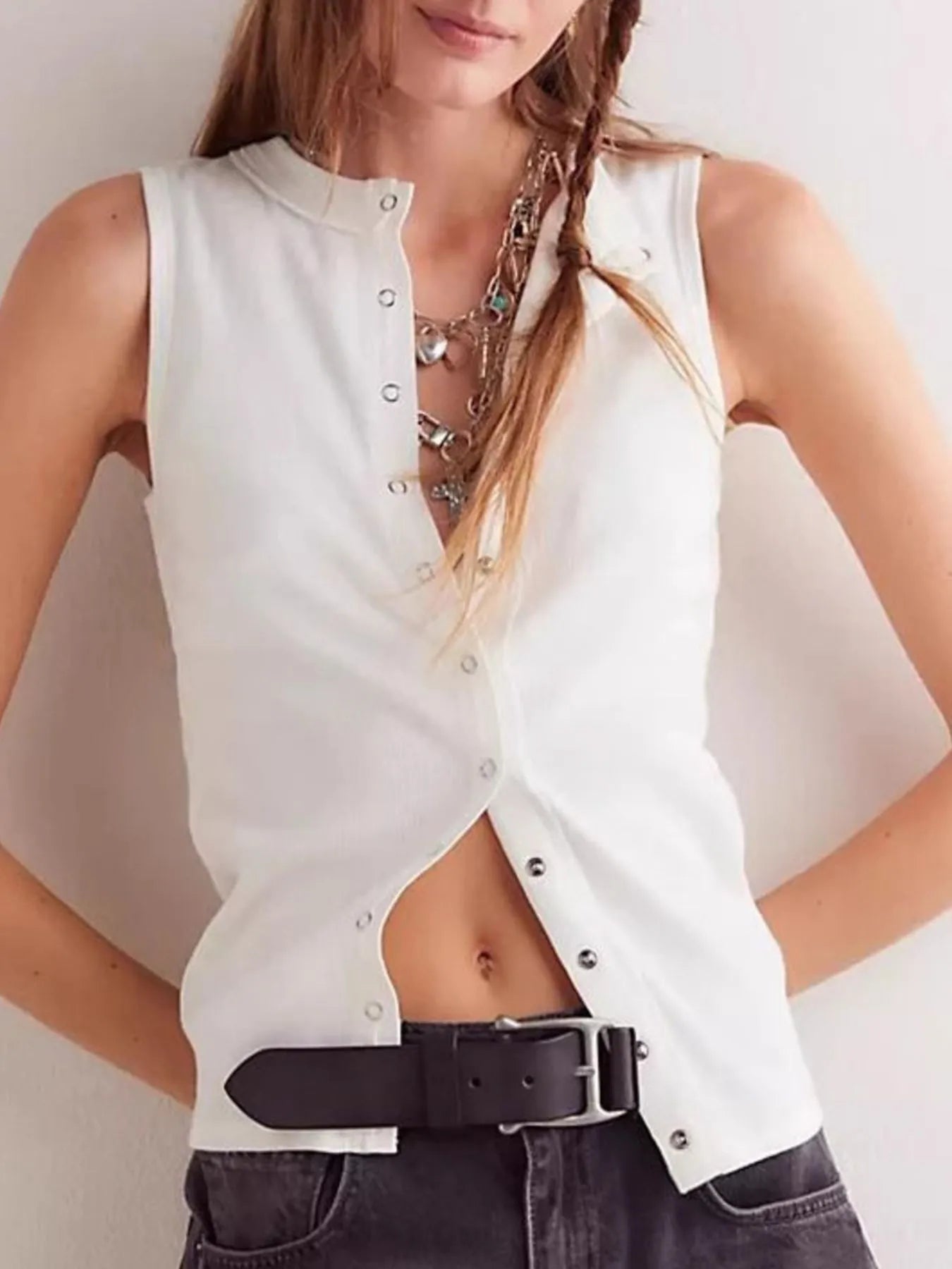 Snap Down Round Neck Ribbed Slim Tank Vest