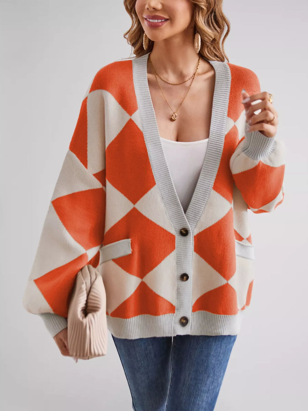 Diamond Pattern Button-Up Knit Cardigan
