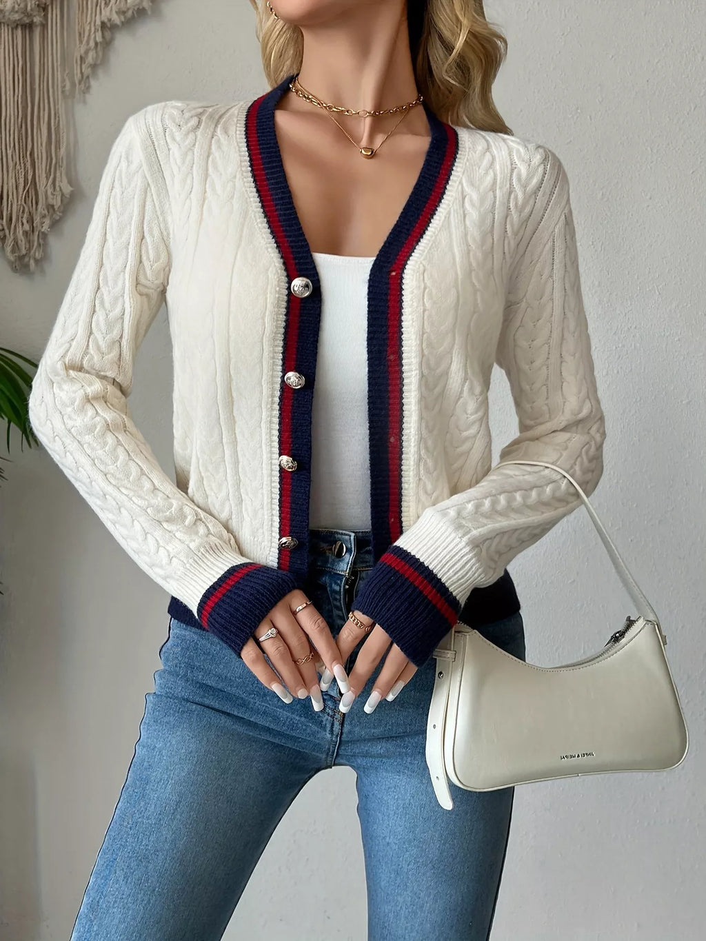 Contrast Trim Cable Knit Cardigan