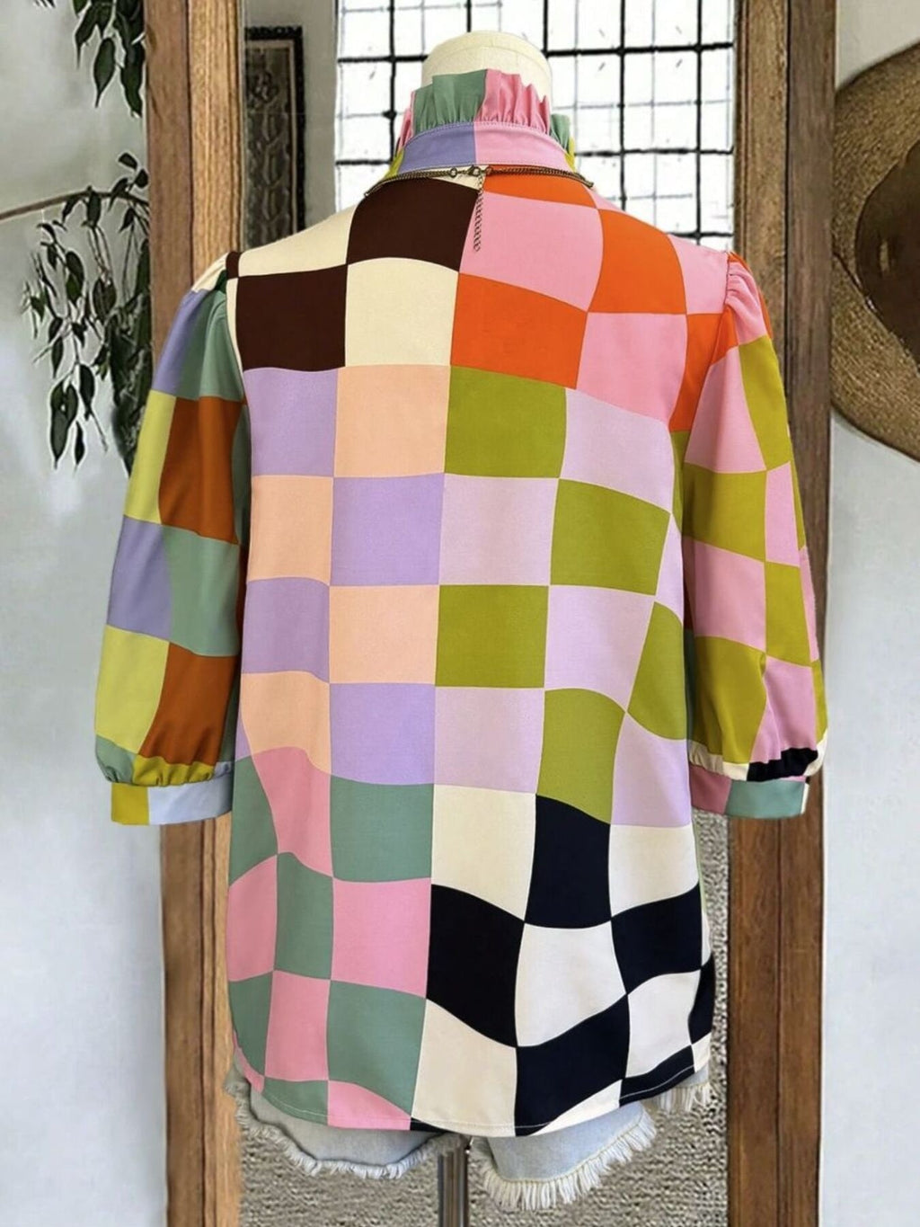 Plaid Ruffle Collar Half Sleeve Blouse