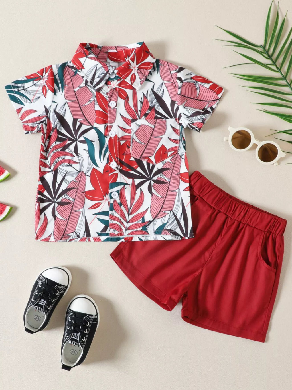 Children's Tropical Leaf Print Shirt & Shorts Set
