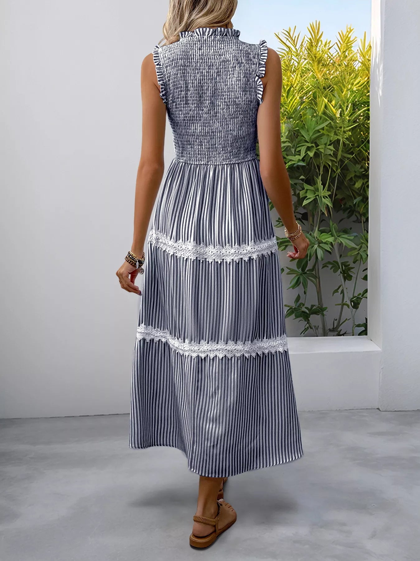 Smocked Striped Lace Trim Sleeveless Midi Dress