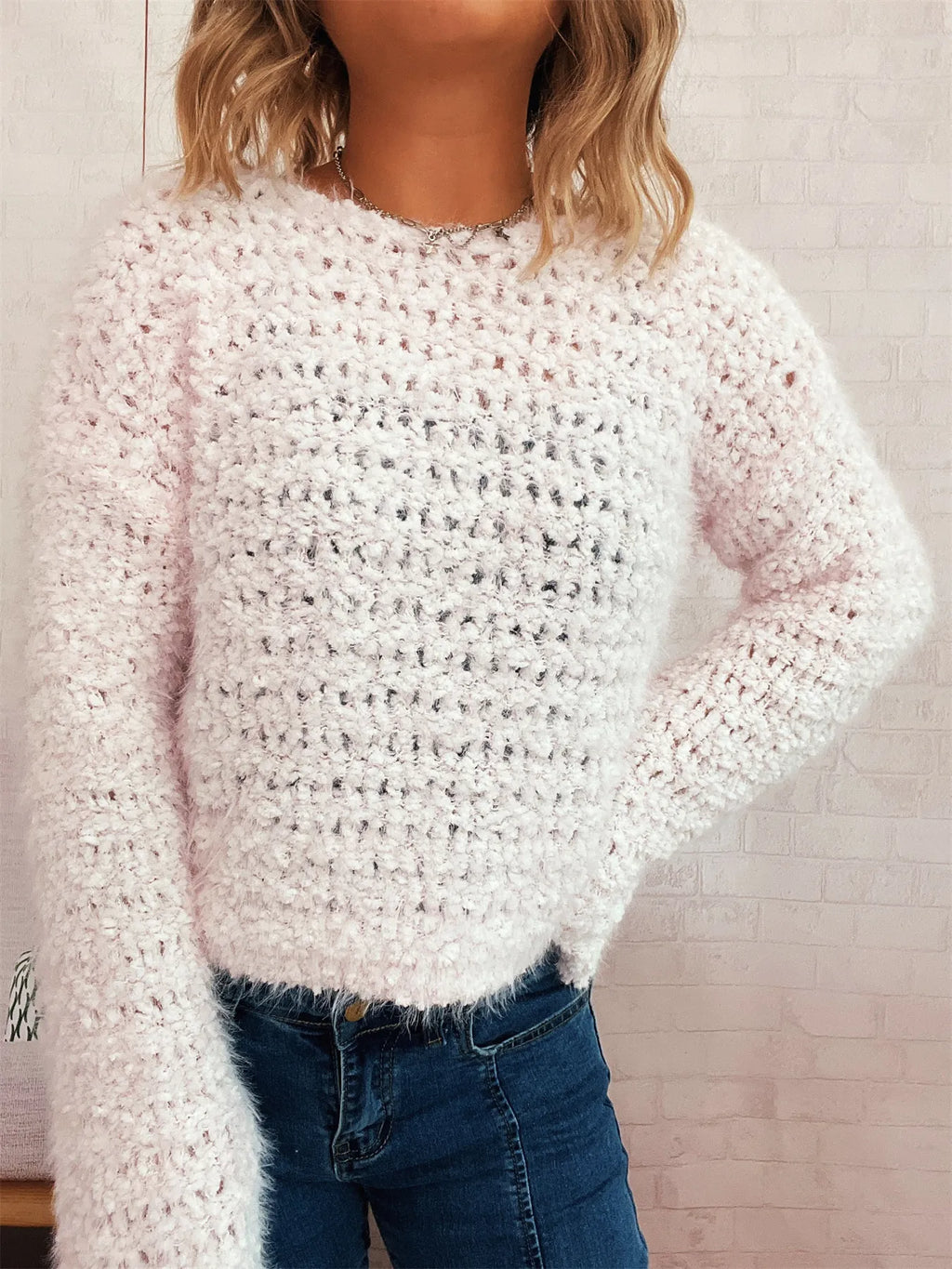 Crochet Round Neck Dropped Shoulder Sweater