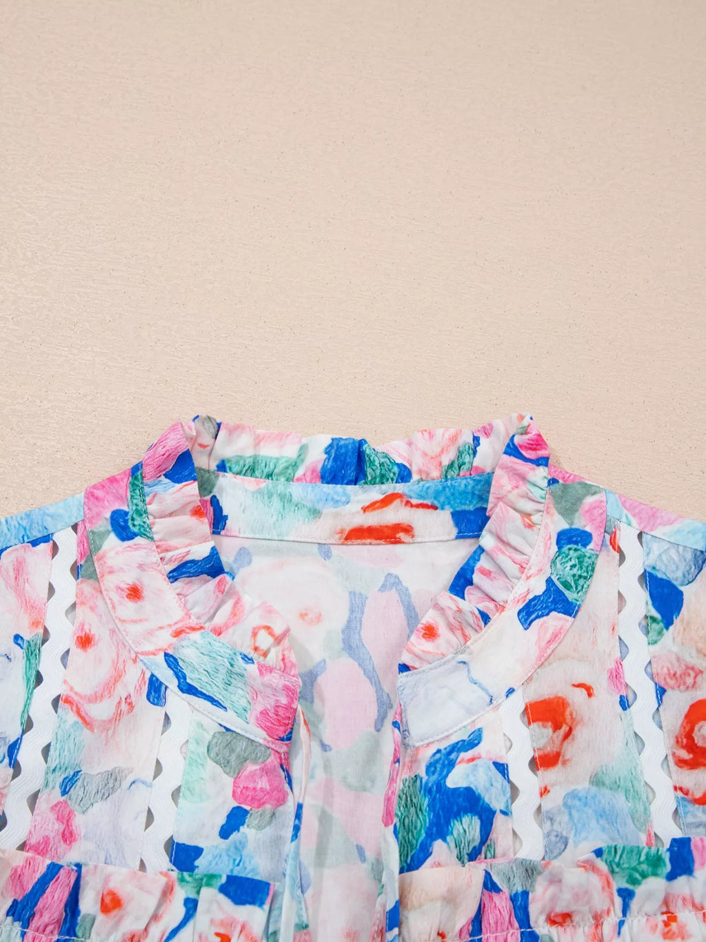 Floral Print Tie V Neck Contrast Detail Ruffle Short Sleeve Blouse