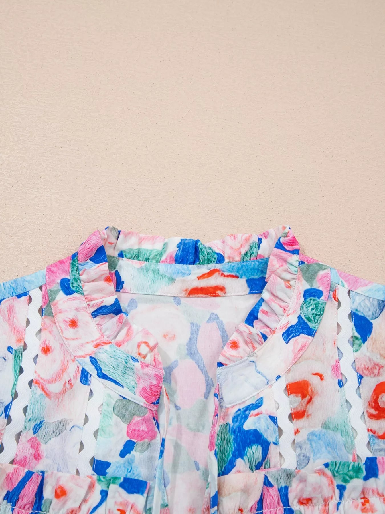 Floral Print Tie V Neck Contrast Detail Ruffle Short Sleeve Blouse
