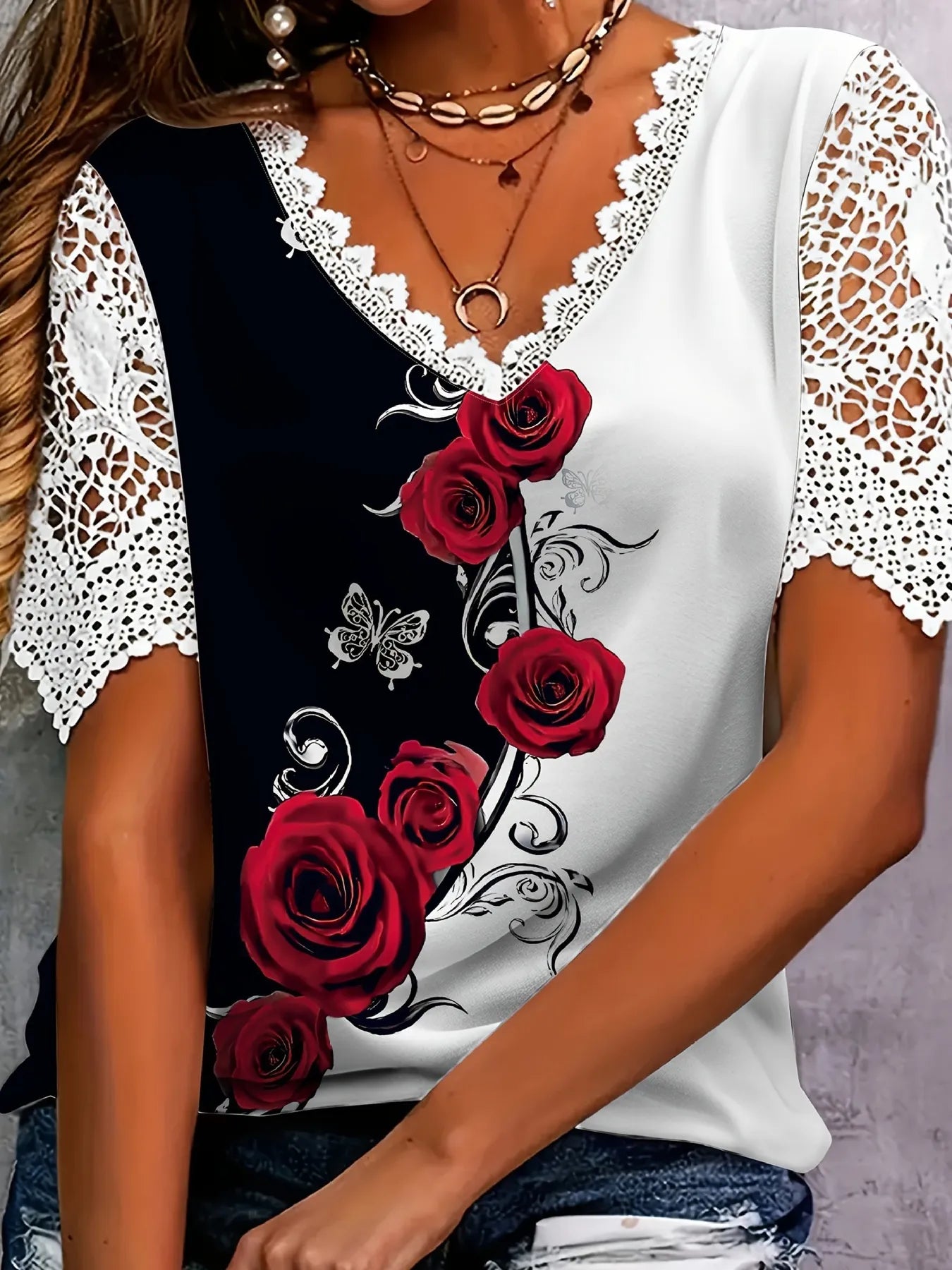 Full Size Printed Lace Sleeve V-Neck T-Shirt Plus Size