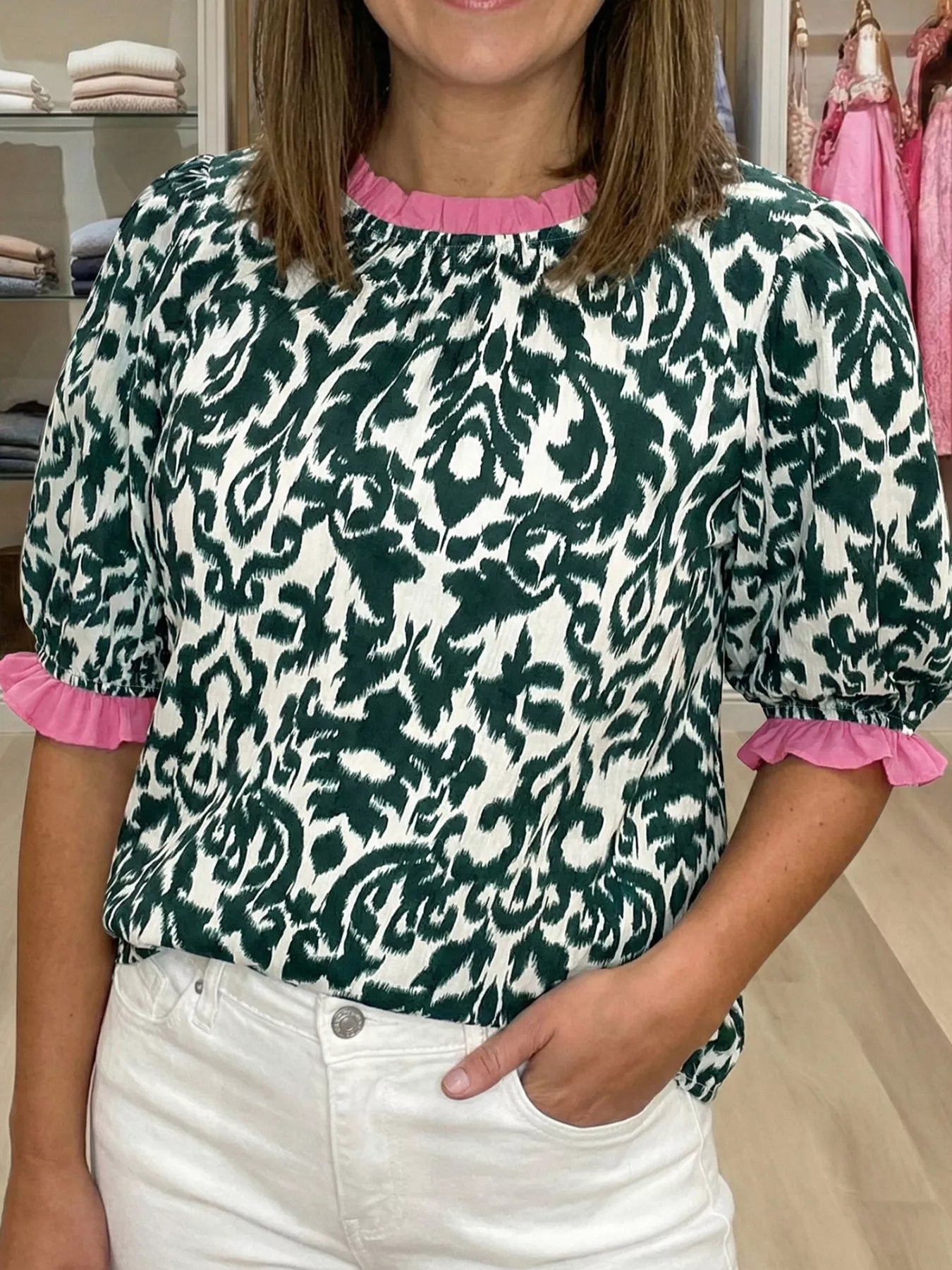 Damask Print Ruffled Color Block Detail Half Sleeve Blouse