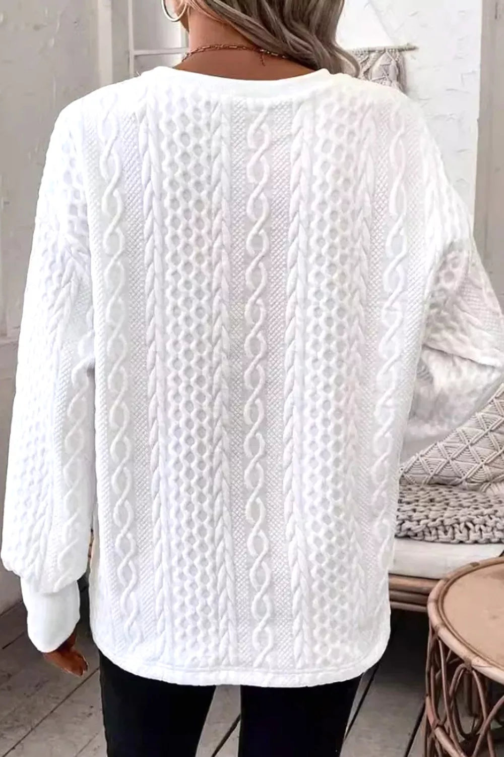 Solid Color Textured V Neck Drop Shoulder Knit Top