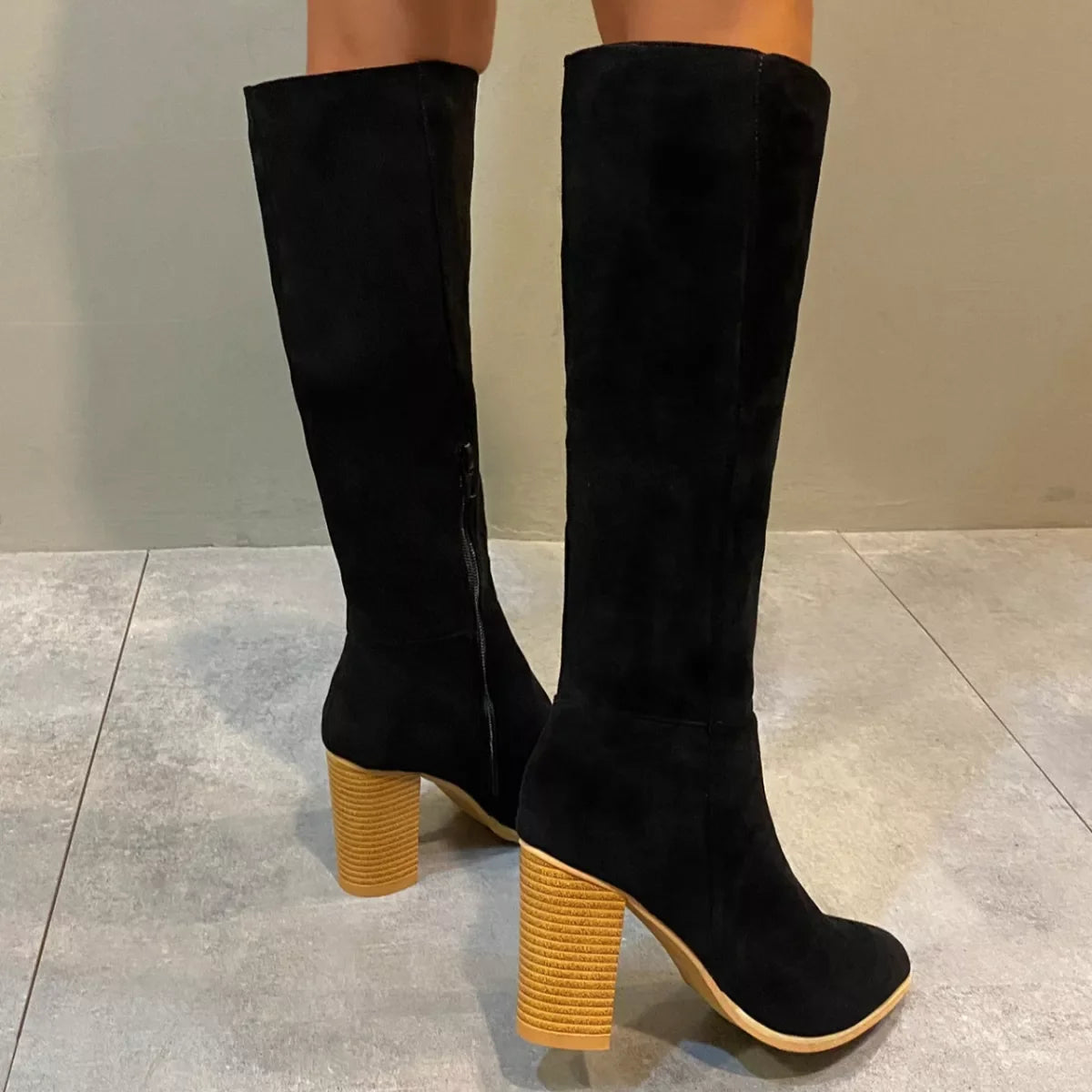 Point Toe Knee-High Suede Block Heel Boots