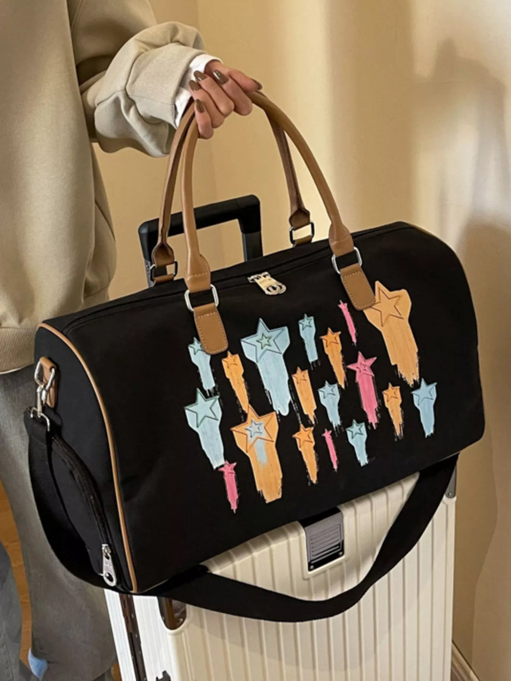 Canvas Duffle Bag with Shooting Star Print