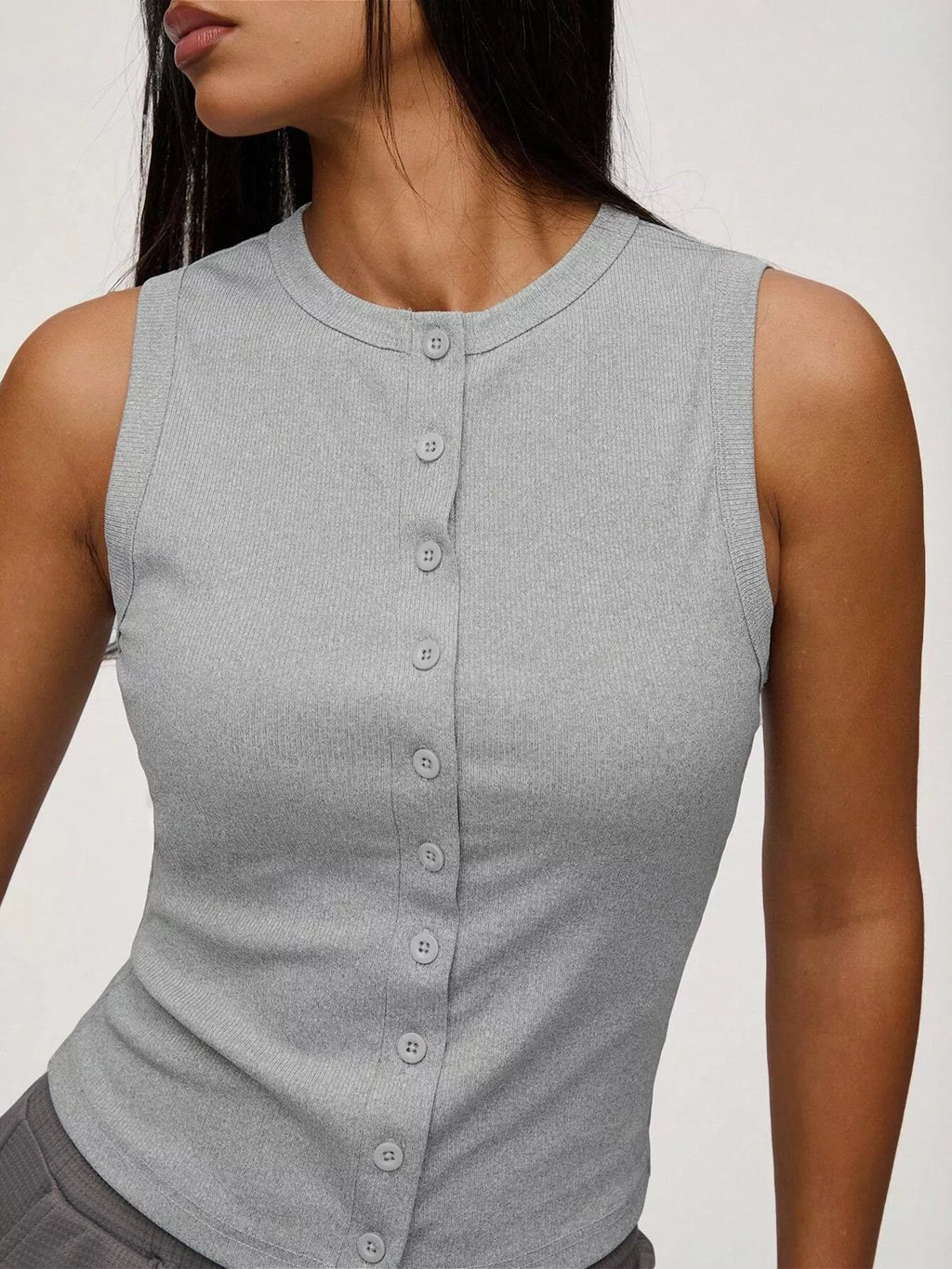 Ribbed Button-Front Sleeveless Tank