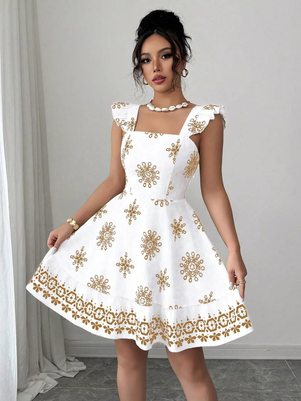 Printed Bow Back Square Neck Mini Dress