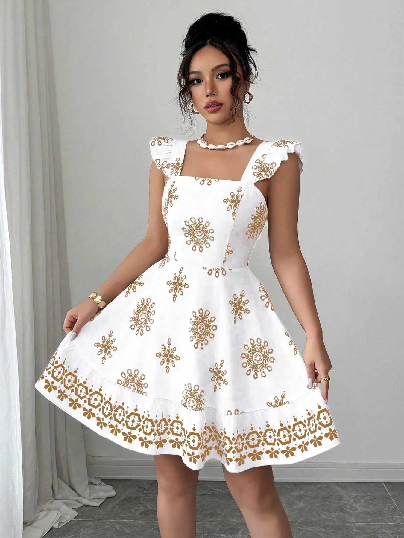 Printed Bow Back Square Neck Mini Dress