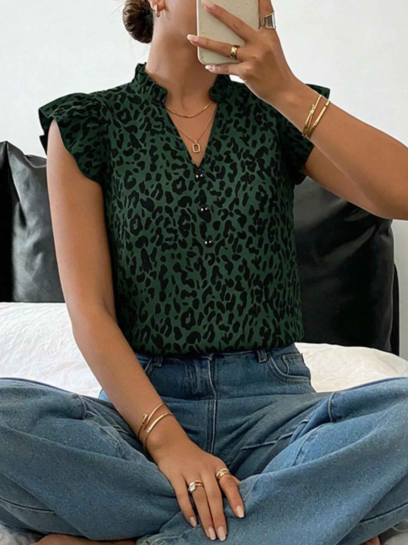 Leopard Print Ruffle Sleeve Blouse