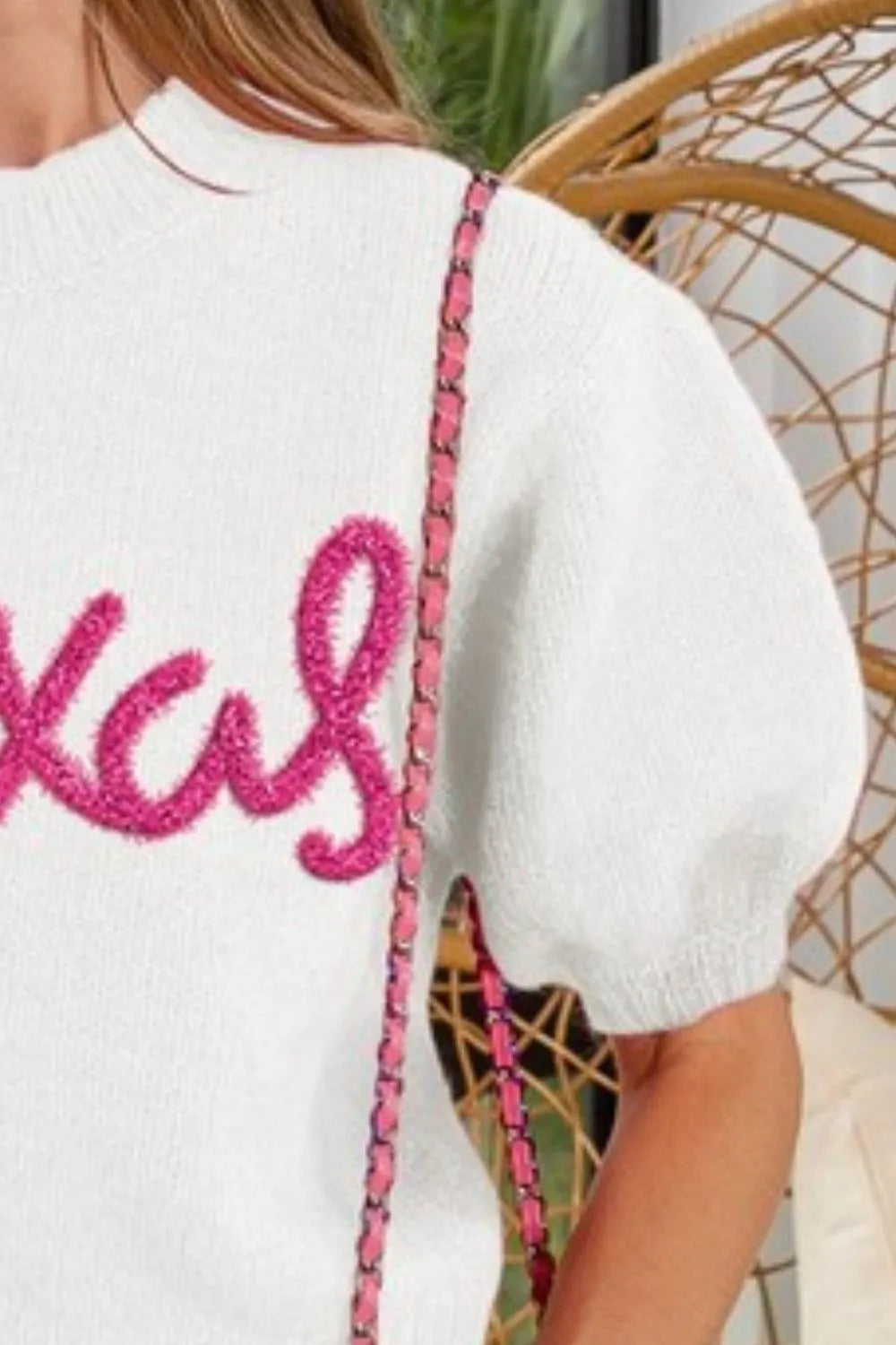 BiBi Metallic Letter Short Puff Sleeve Hairy Sweater