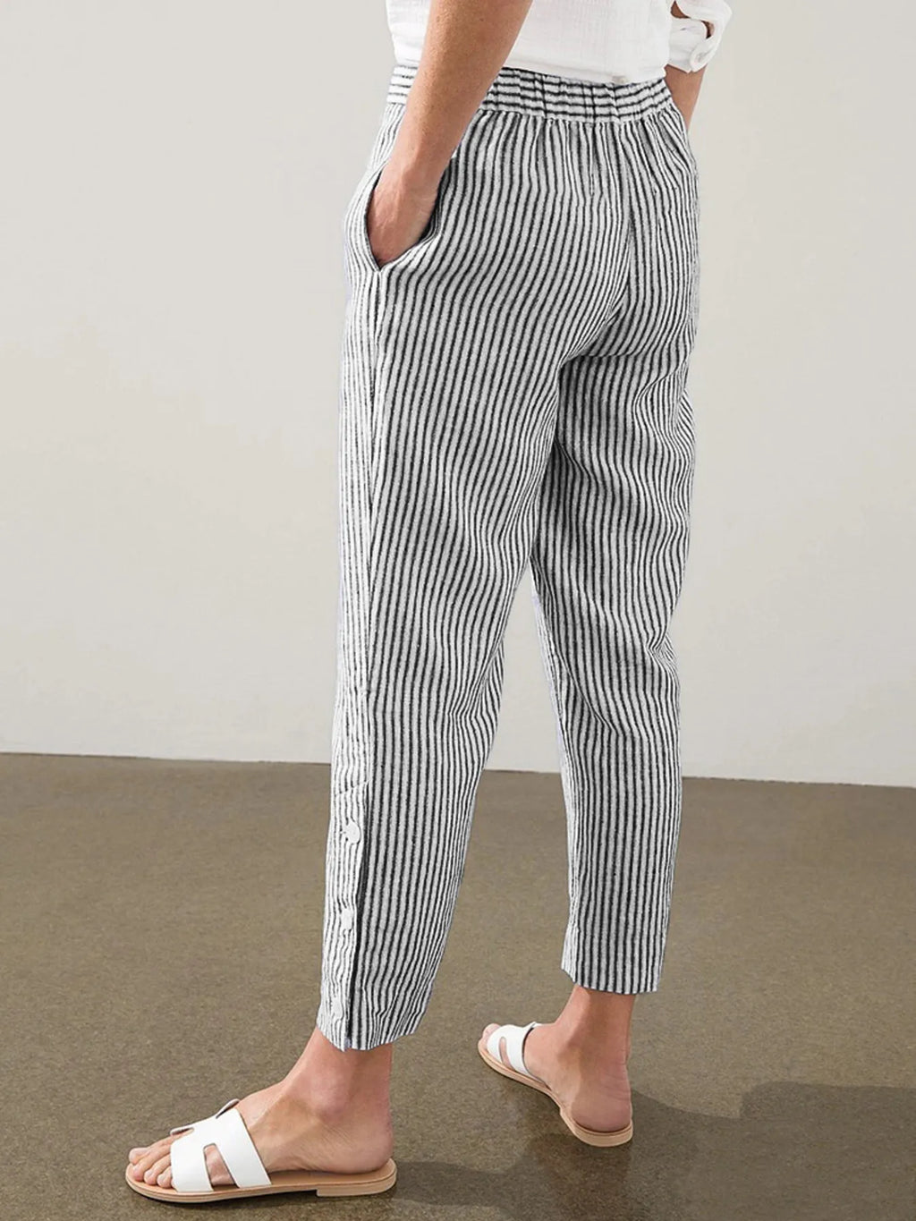 Full Size Striped Side Button Detail Pants Plus Size