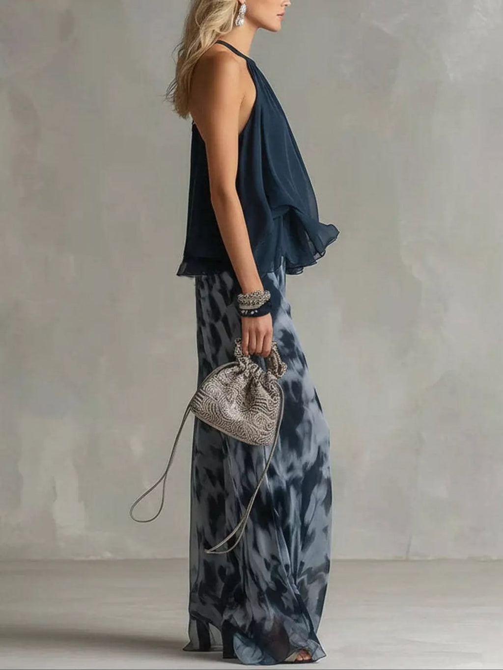 Halter Neck Top and Tie-Dye Wide-Leg Pants Set