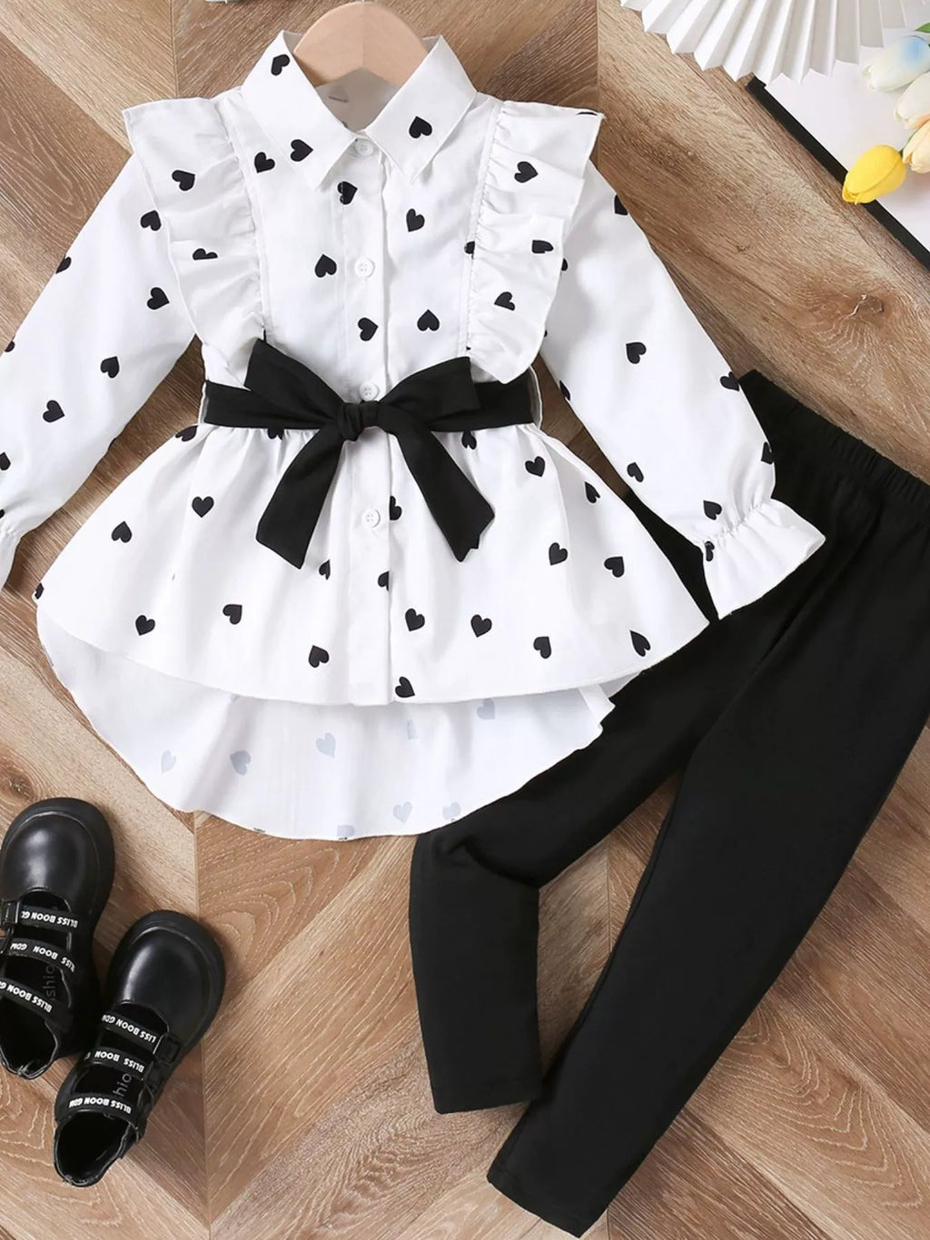 Children's Heart Print Ruffle Trim Shirt & Pants Set with Tie