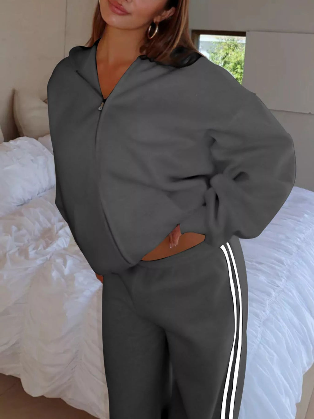 Zip Up Hoodie and Striped Pants Set