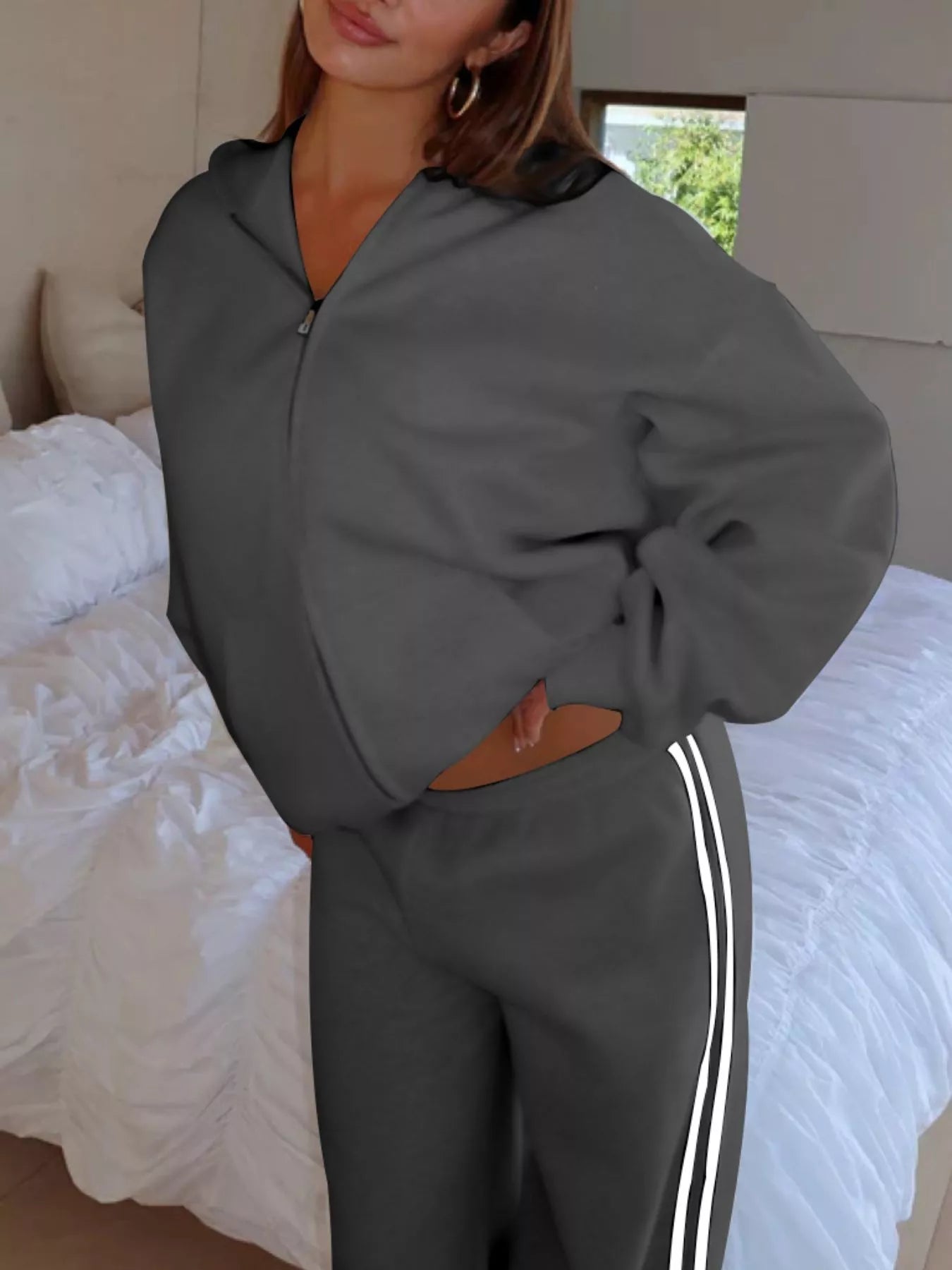 Zip Up Hoodie and Striped Pants Set