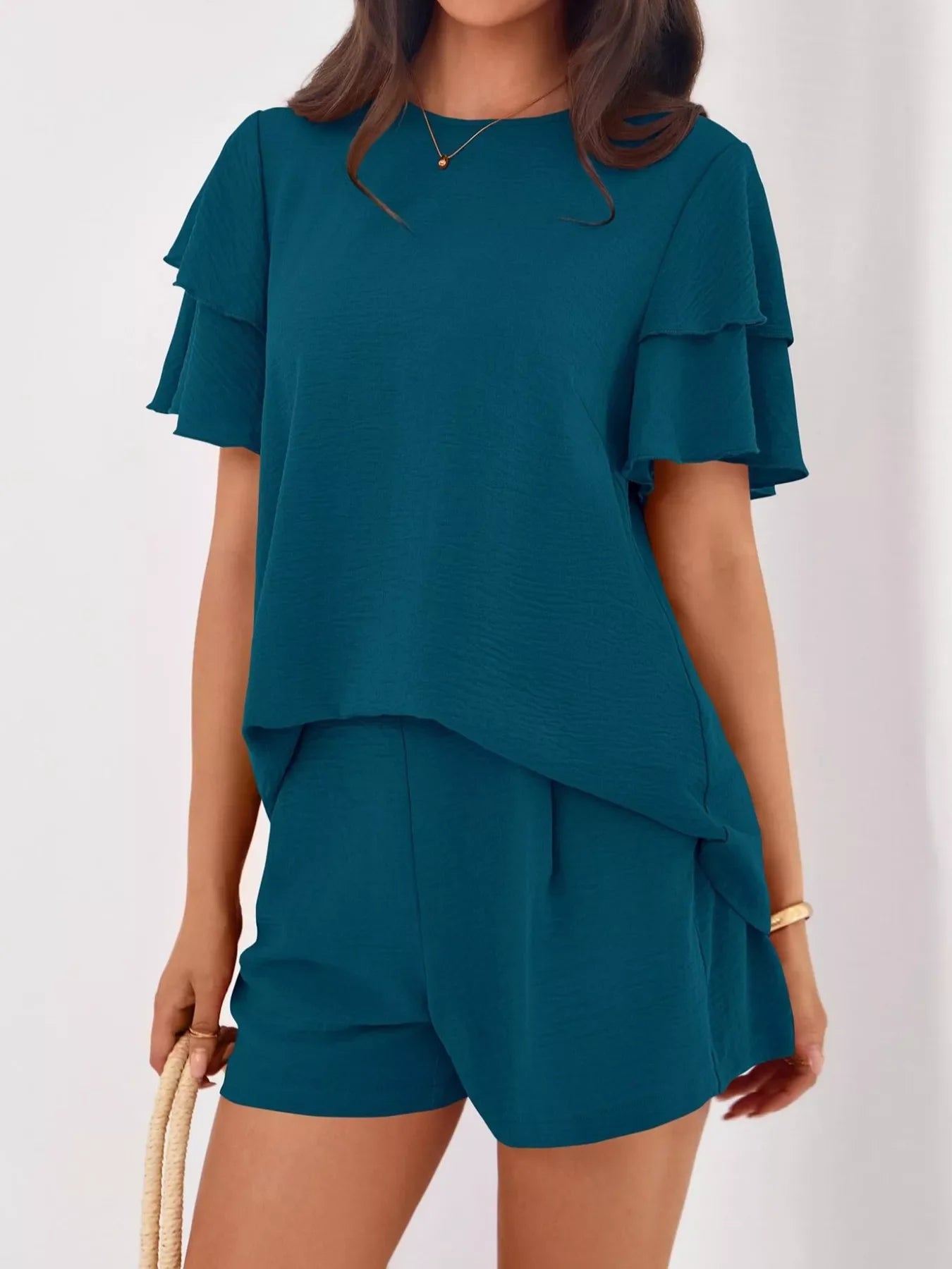 Ruffle Sleeve Top and Shorts Two-Piece Set