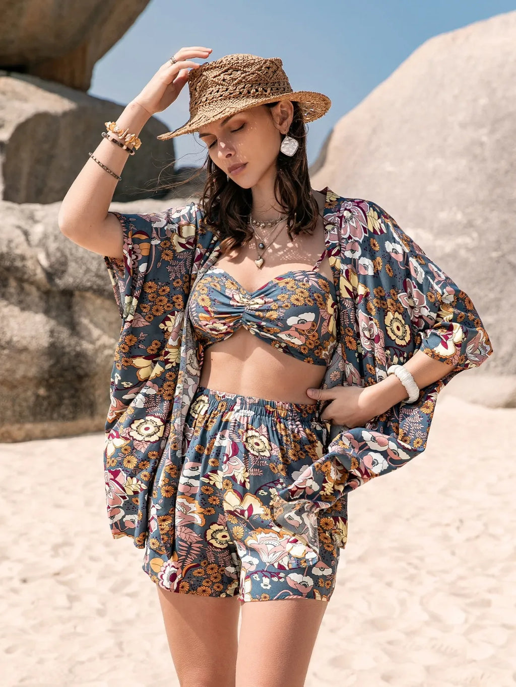 Printed Bra, Cover-Up and Shorts Set