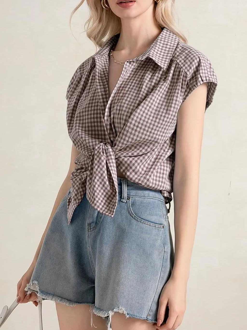 Plaid Button Up Cap Sleeve Shirt
