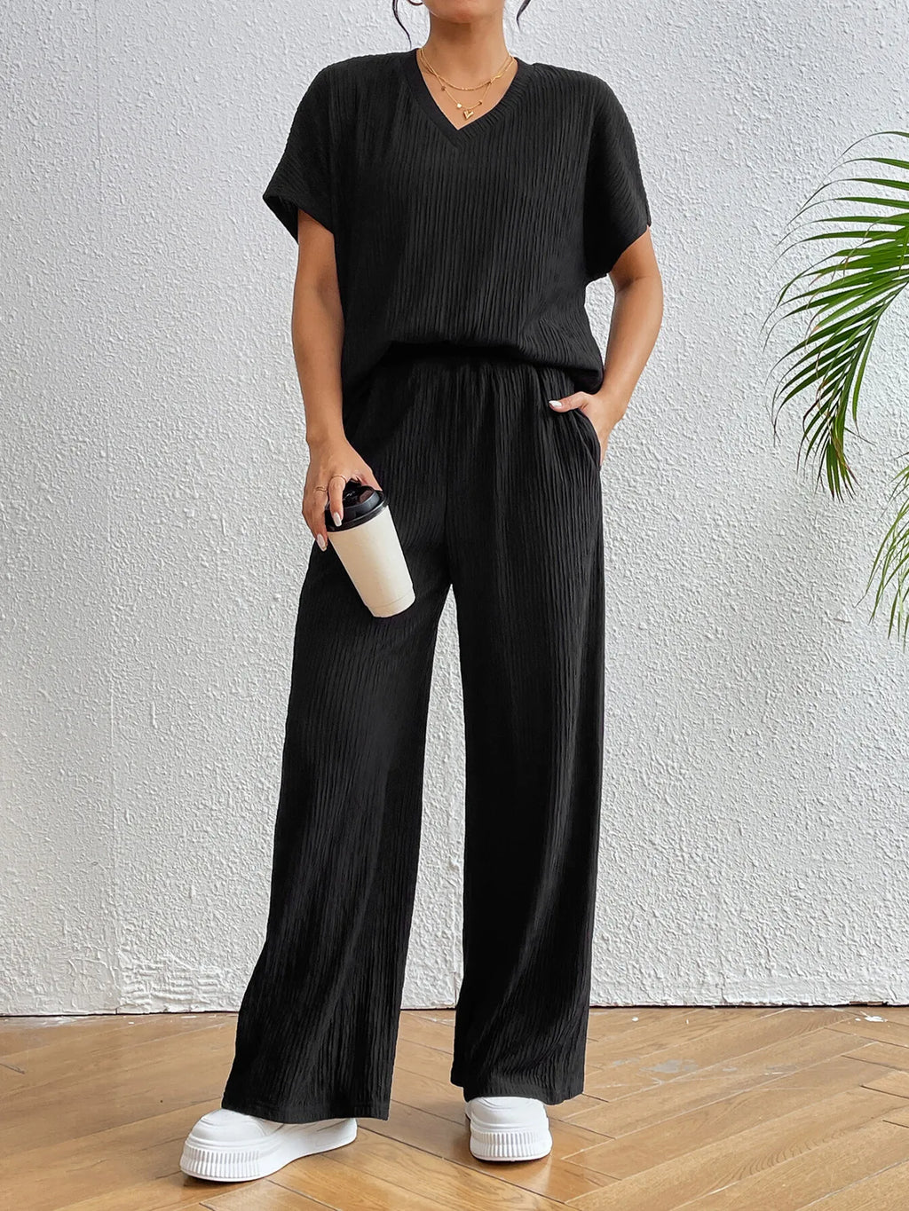 V-Neck Short Sleeve Top and Pants Set