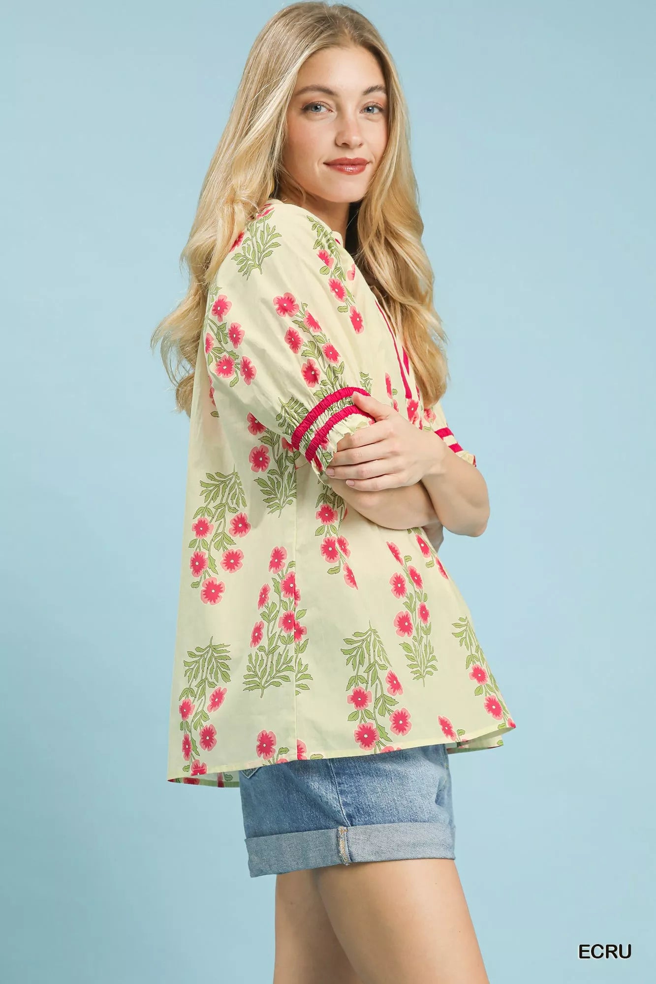 Umgee Floral V-Neck Puff Sleeve Top