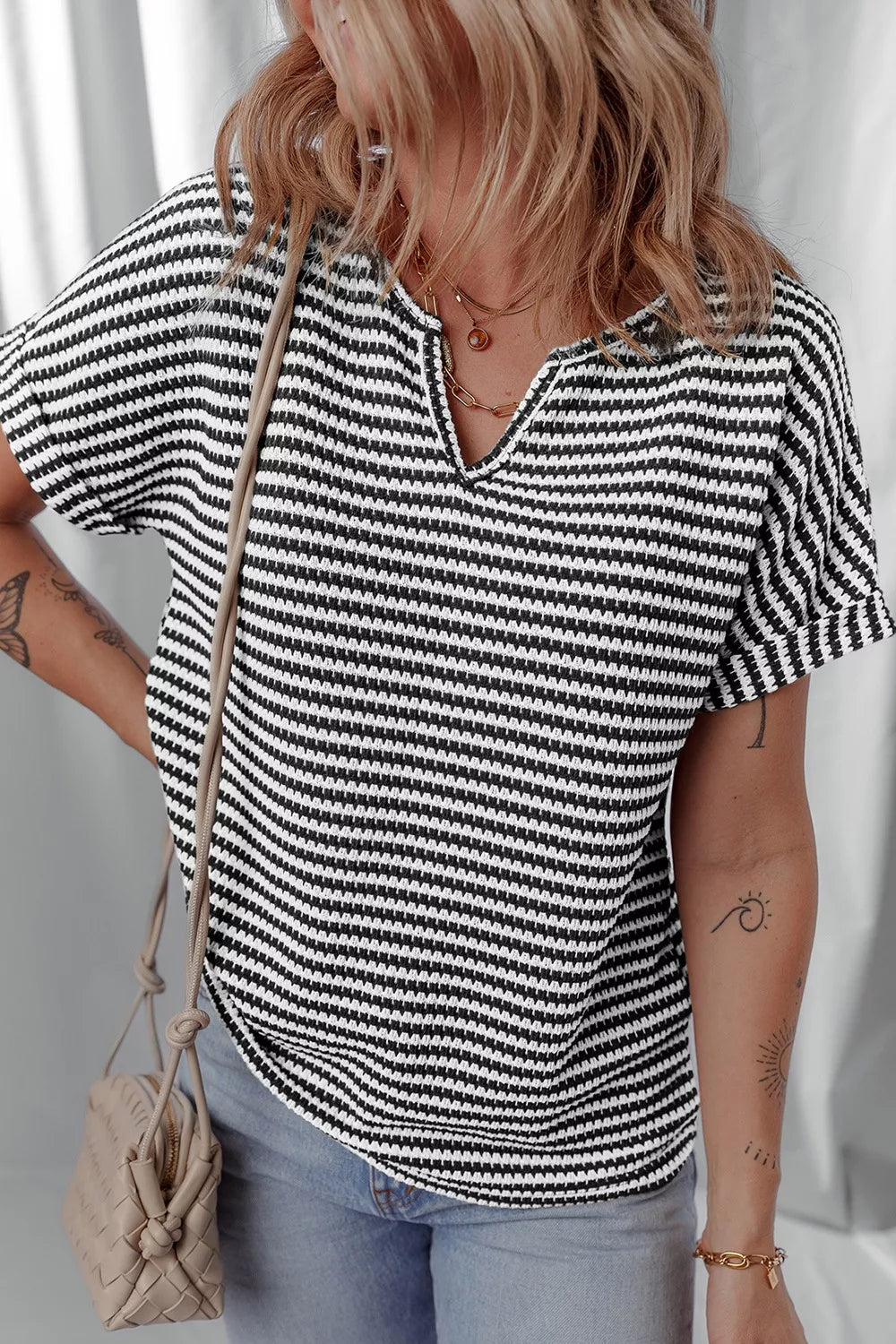 Stripe Textured Knit Notched Neck Cuffed Short Sleeve Top
