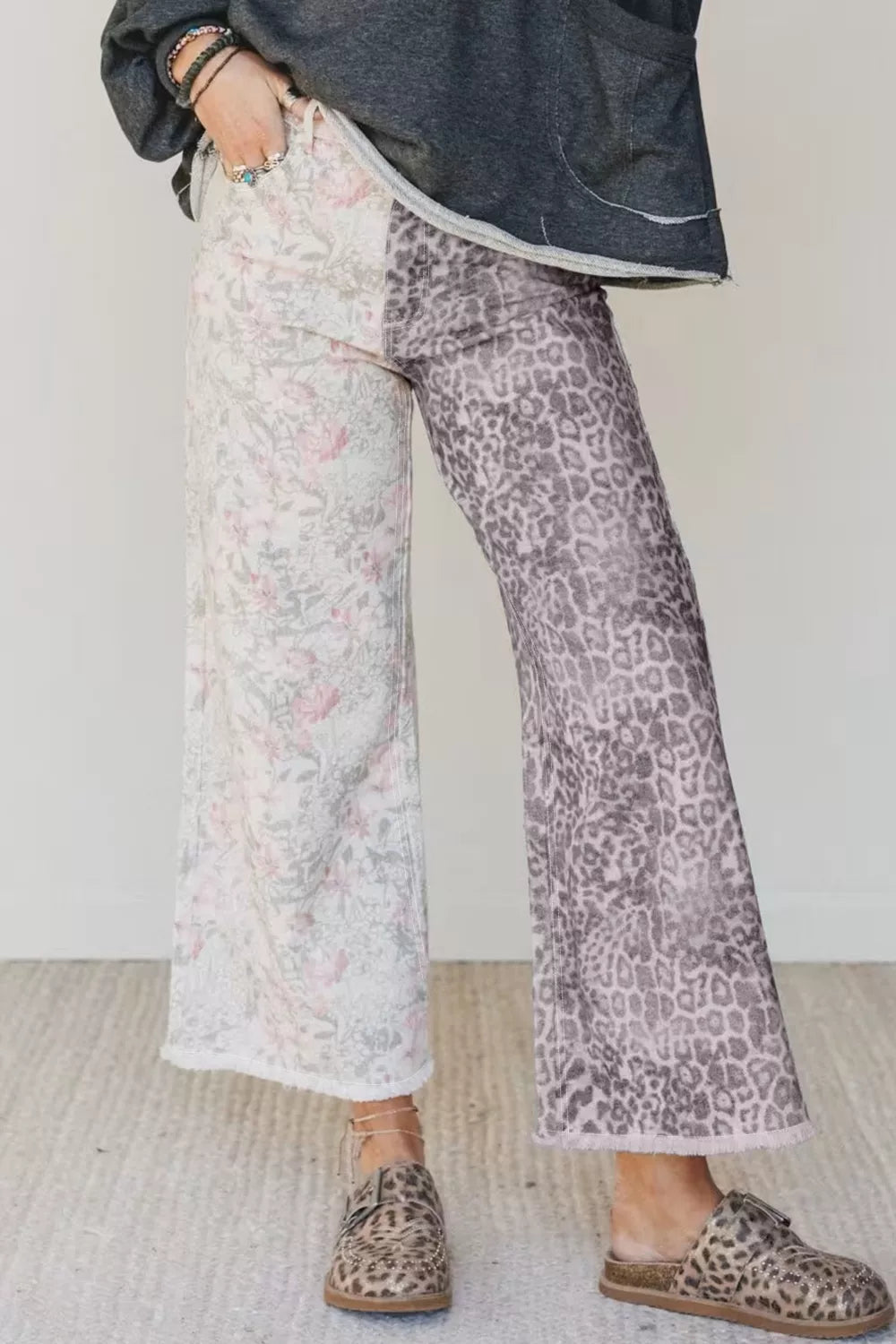 Floral and Leopard Print Wide-Leg Jeans