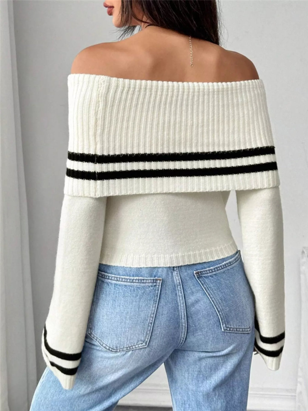 Off-Shoulder Striped Flare Sleeve Sweater