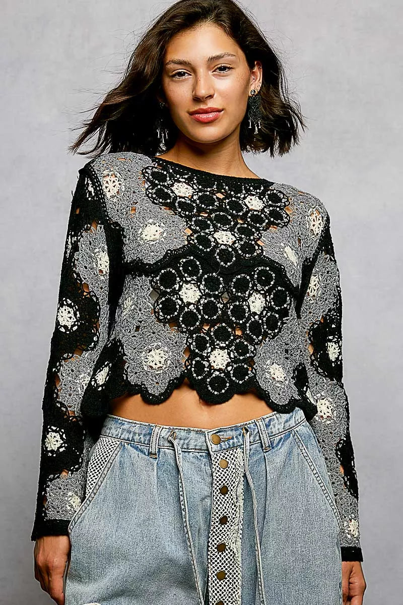 POL Floral Weave Pattern Crochet Cropped Top with Beads Detail