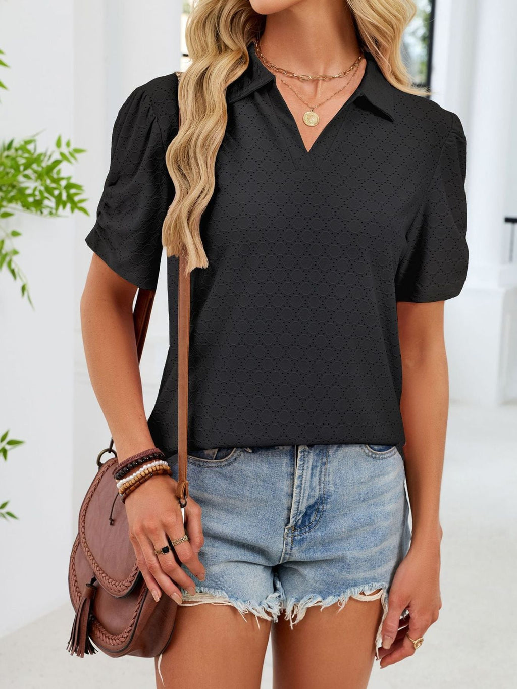 Eyelet Short Sleeve Blouse