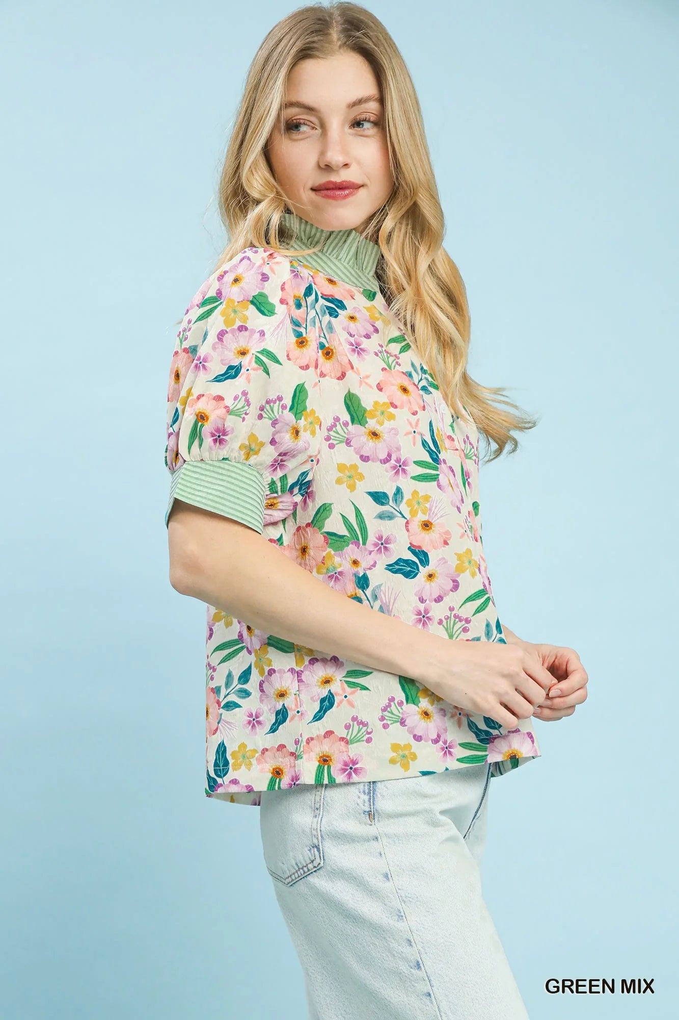 Umgee Floral Print Jacquard Ruffle Top