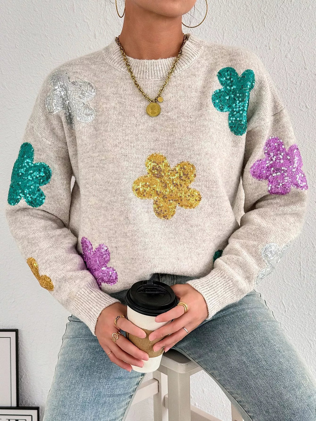 Sequined Floral Round Neck Sweater
